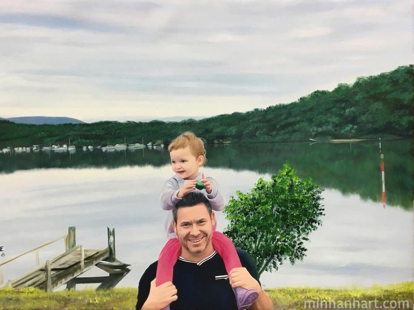 Father & Child Portrait by the Lake – A Gentle Memory Framed in Oil