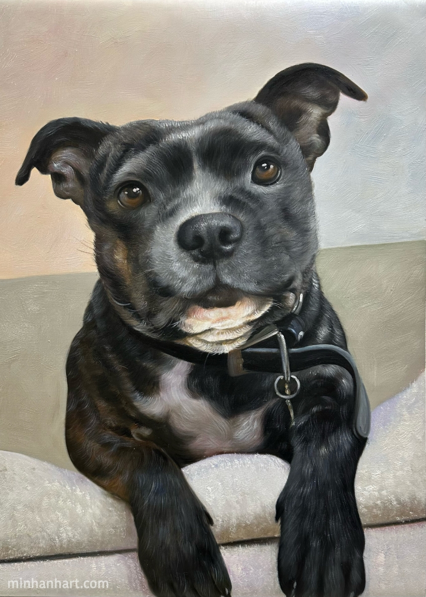 Chân dung sơn dầu của Staffordshire Bull Terrier – Táo bạo, trung thành và đầy cá tính