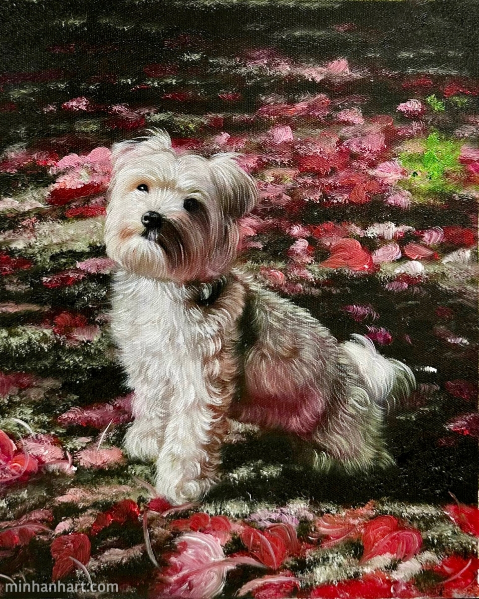 Chân dung chú chó lãng mạn bằng sơn dầu – Một kỳ ảo hoa cỏ từ Minh Anh Art Gallery