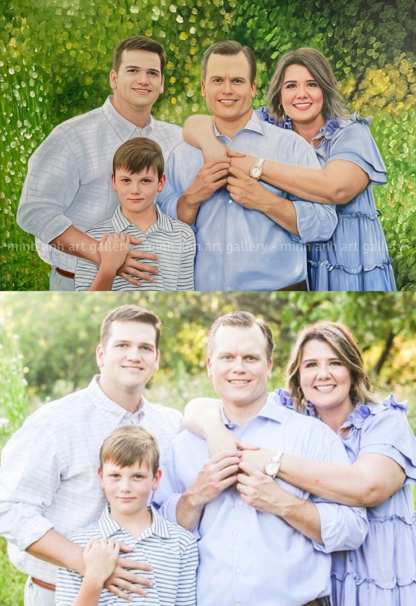 Outdoor Family Portrait – A Natural Bond Captured in Oil Painting