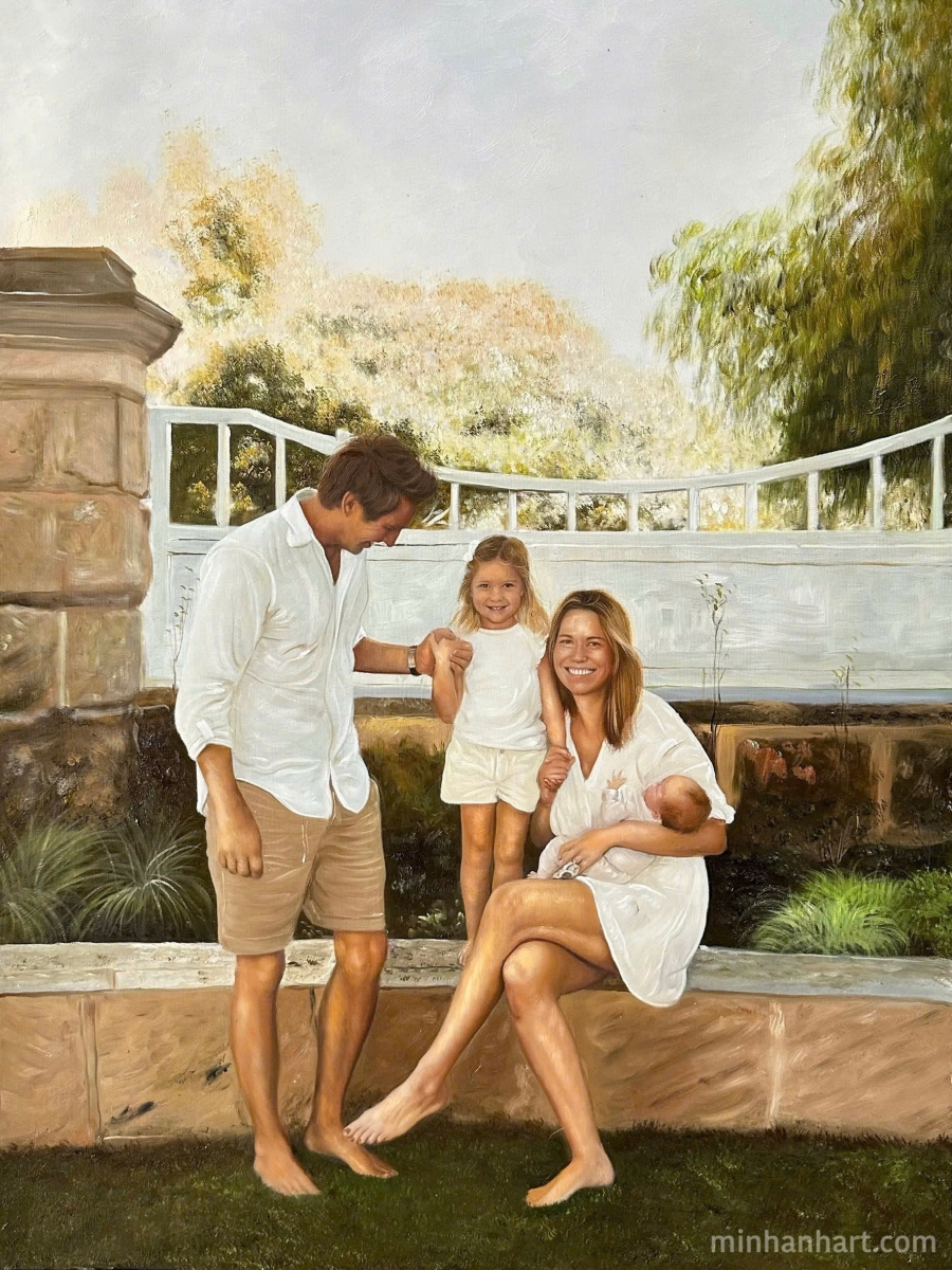 Modern Family Portrait – A Serene Outdoor Memory, Hand-Painted in Oil