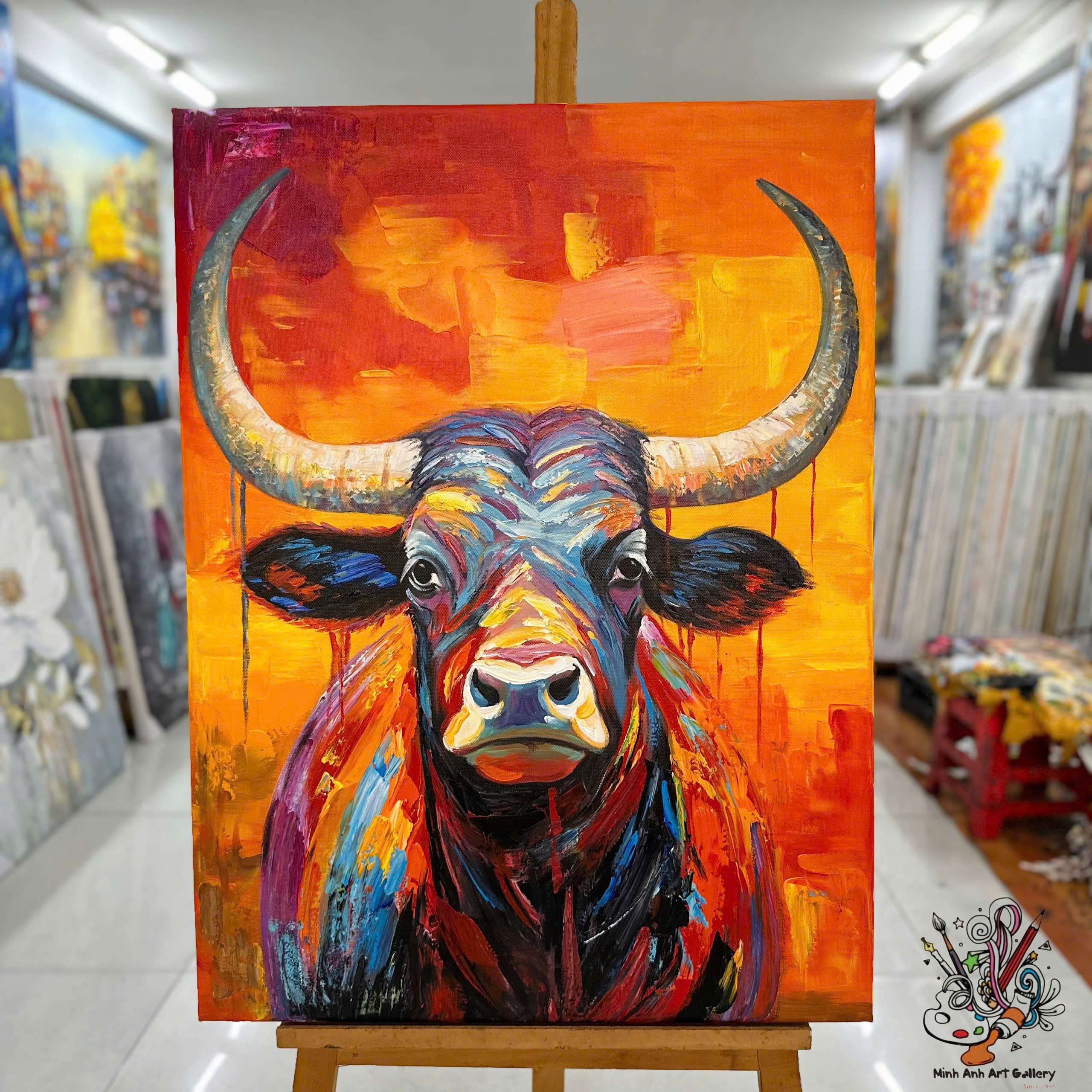 Bức tranh chân dung trâu đầy màu sắc