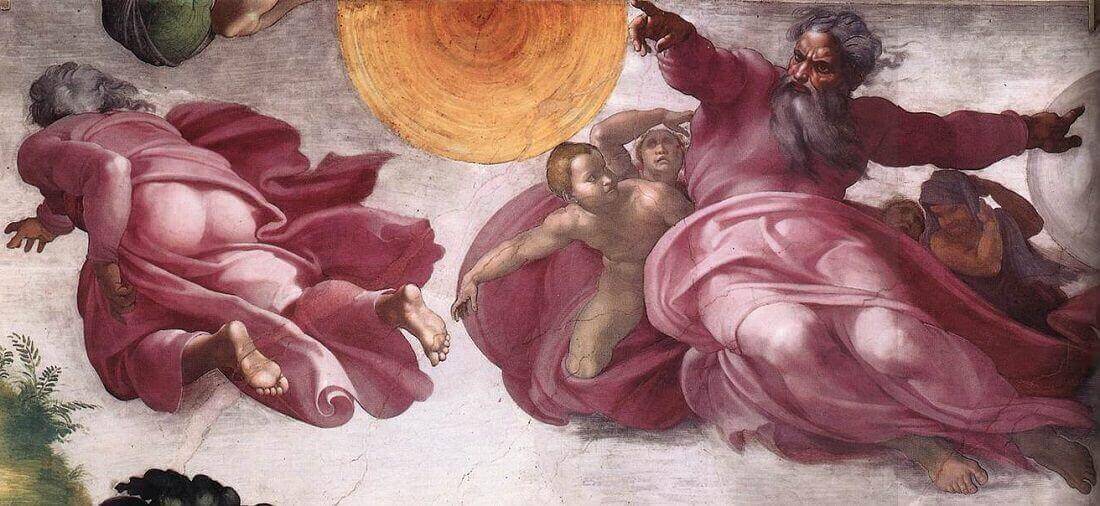 Sự sáng tạo của Mặt Trời Mặt Trăng và Cây cối Michelangelo