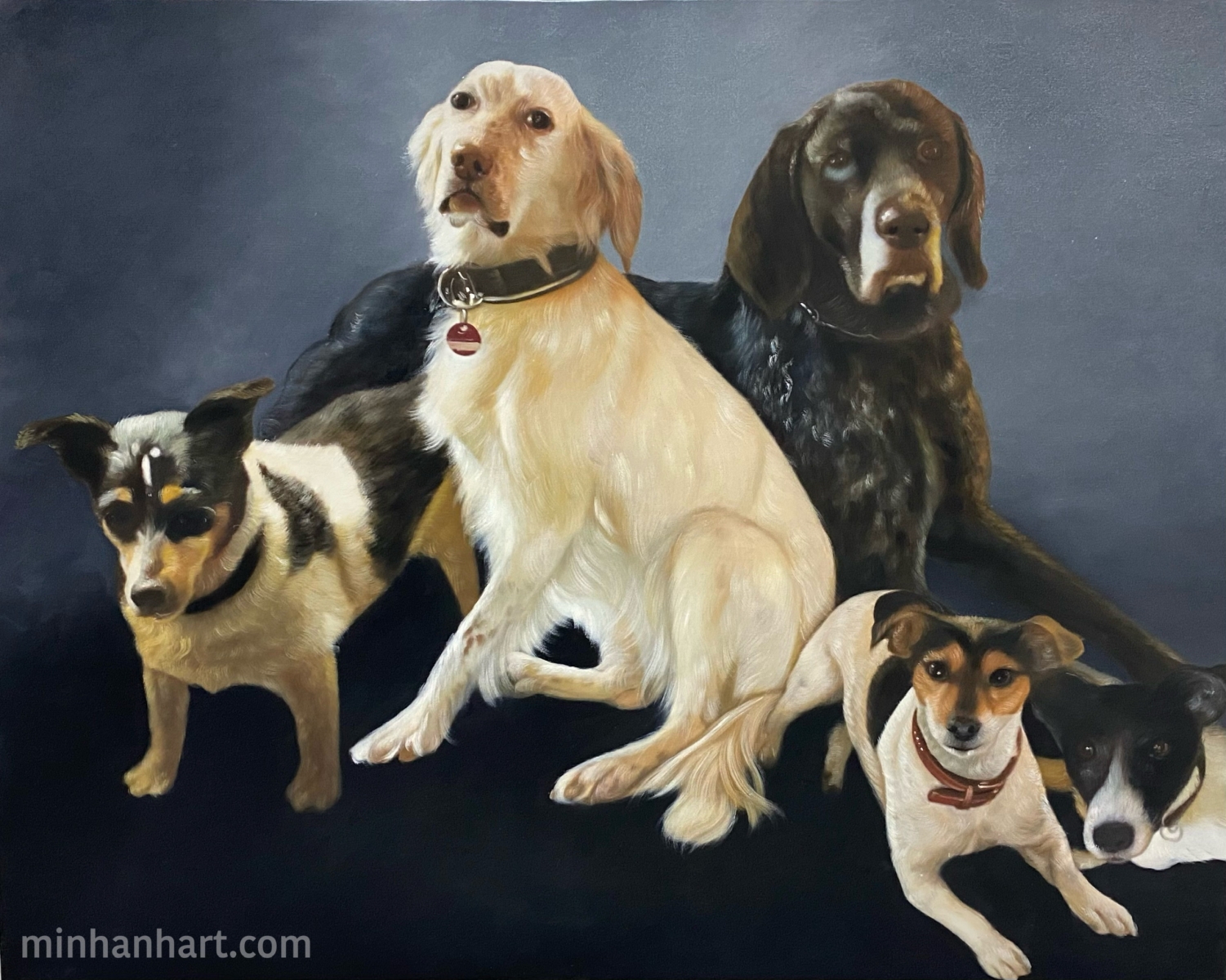 Custom Oil Painting of Six Dogs – A Harmonious Tribute to Your Canine Family