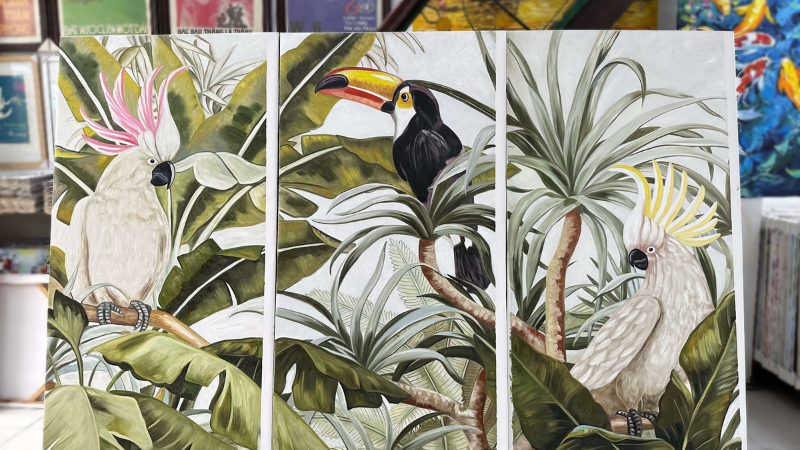 Custom Tropical Bird Artwork – A Hand-Painted Triptych by Minh Anh Art Gallery