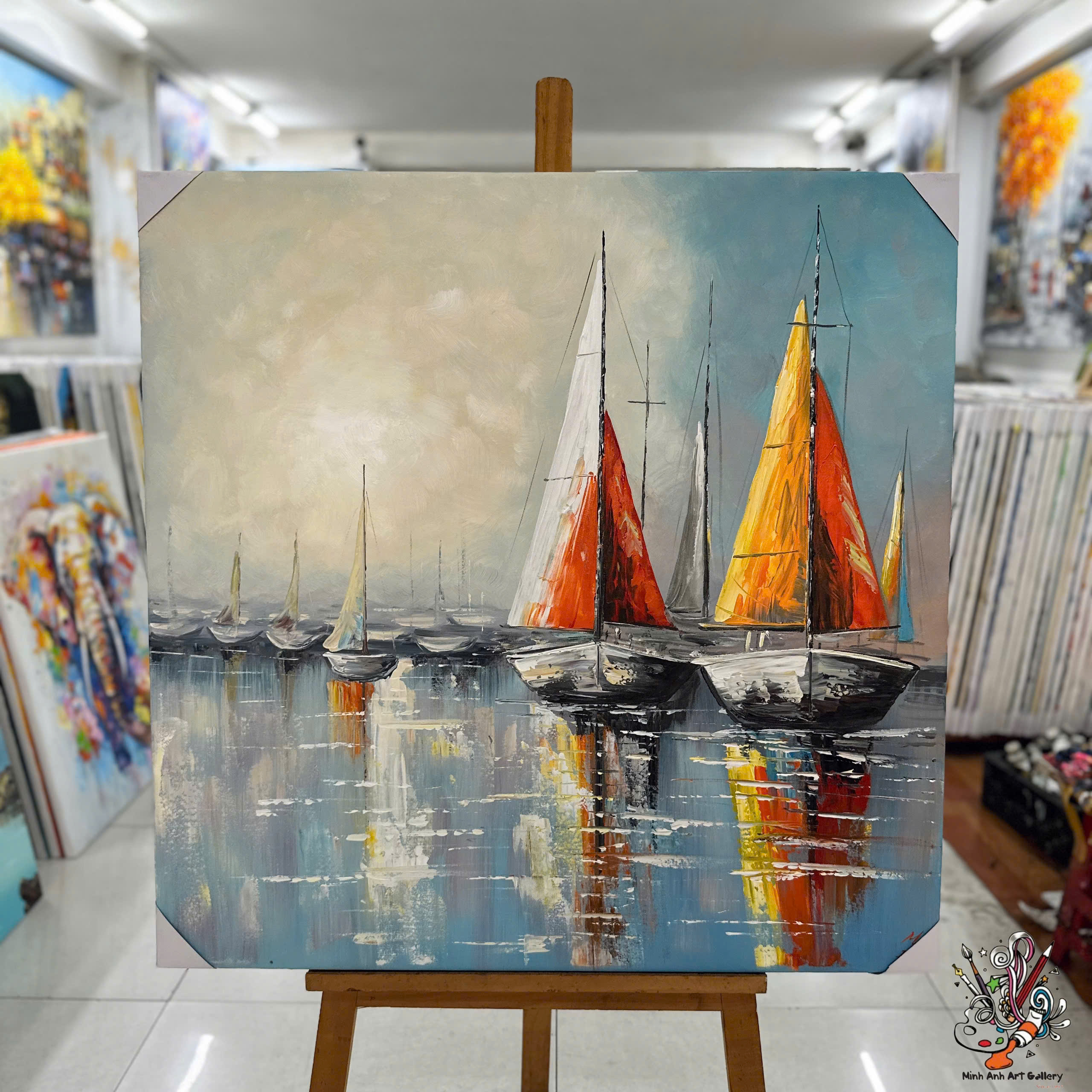 Modern Abstract Sailboat Painting with Orange Sails