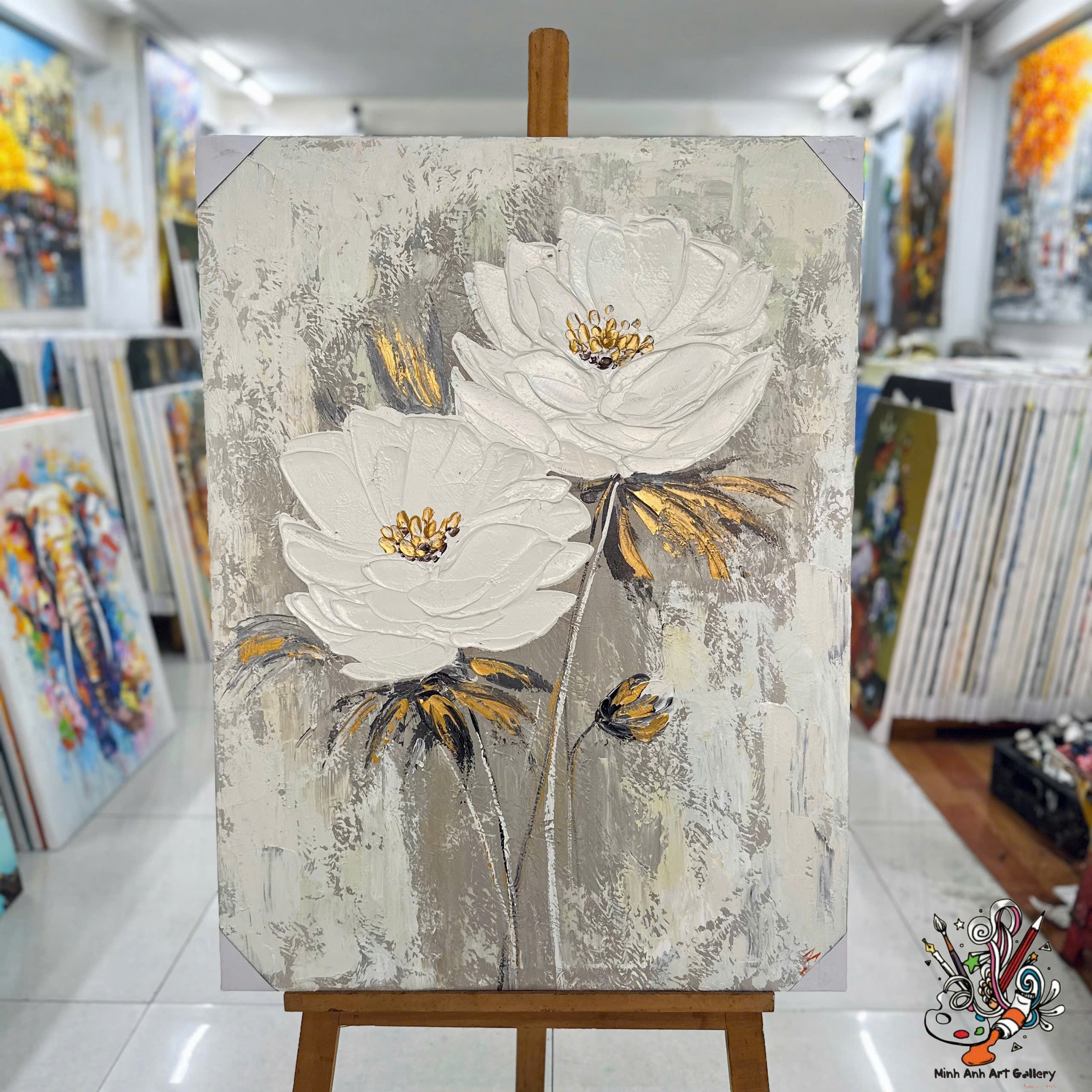 Modern White Flower Abstract with Golden Leaves