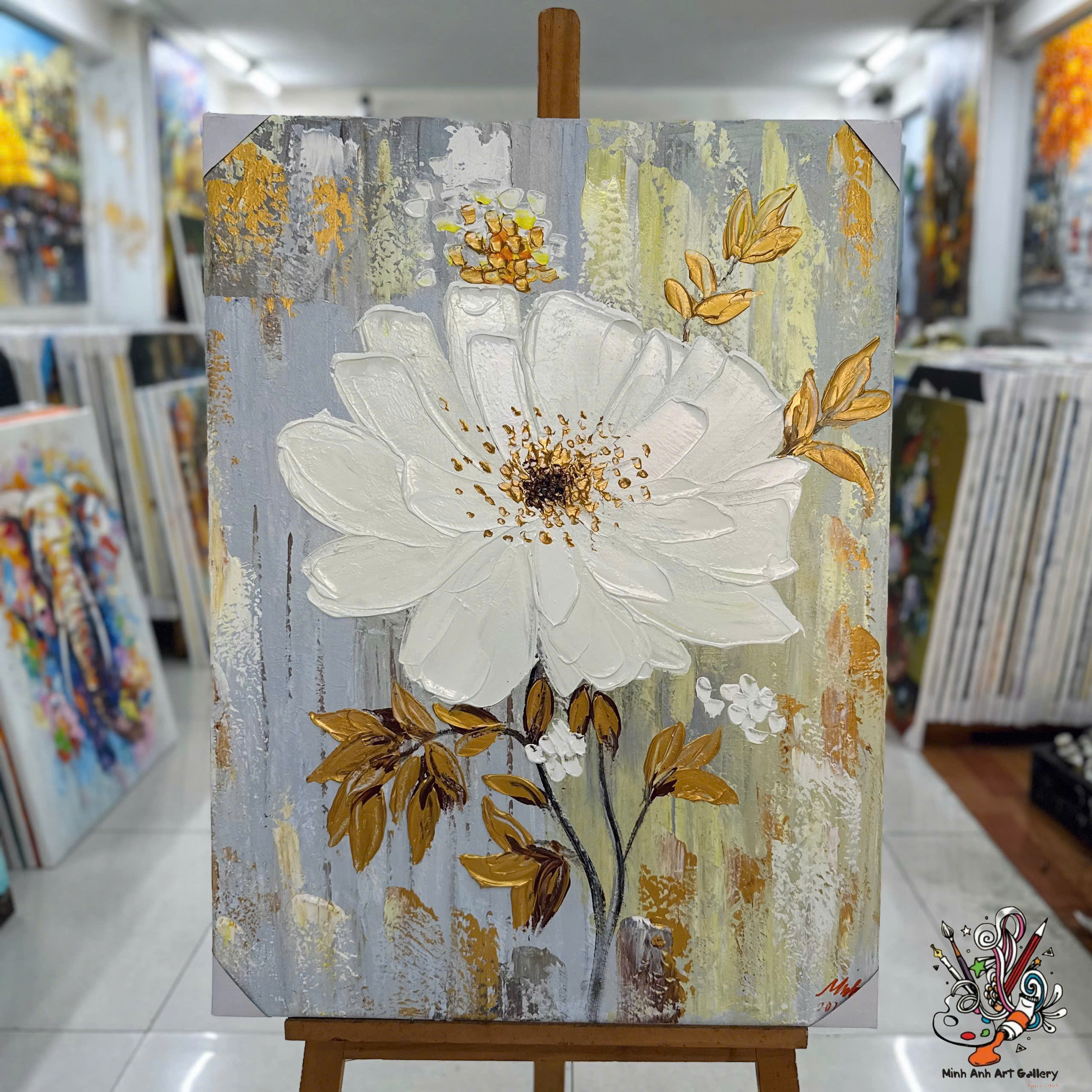 Modern White Flower Abstract with Golden Leaves