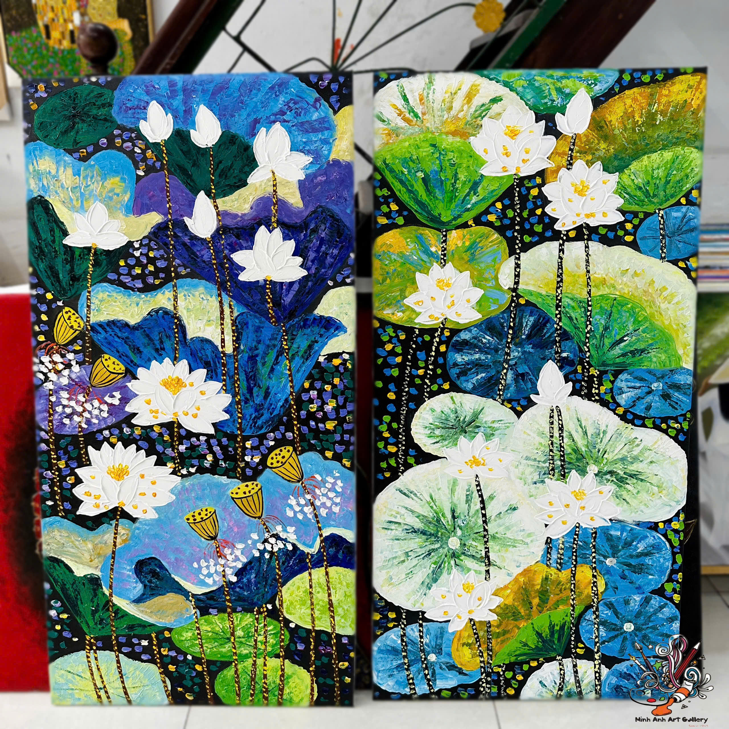 Modern White Lotus Flower Painting on Vibrant Blue Background