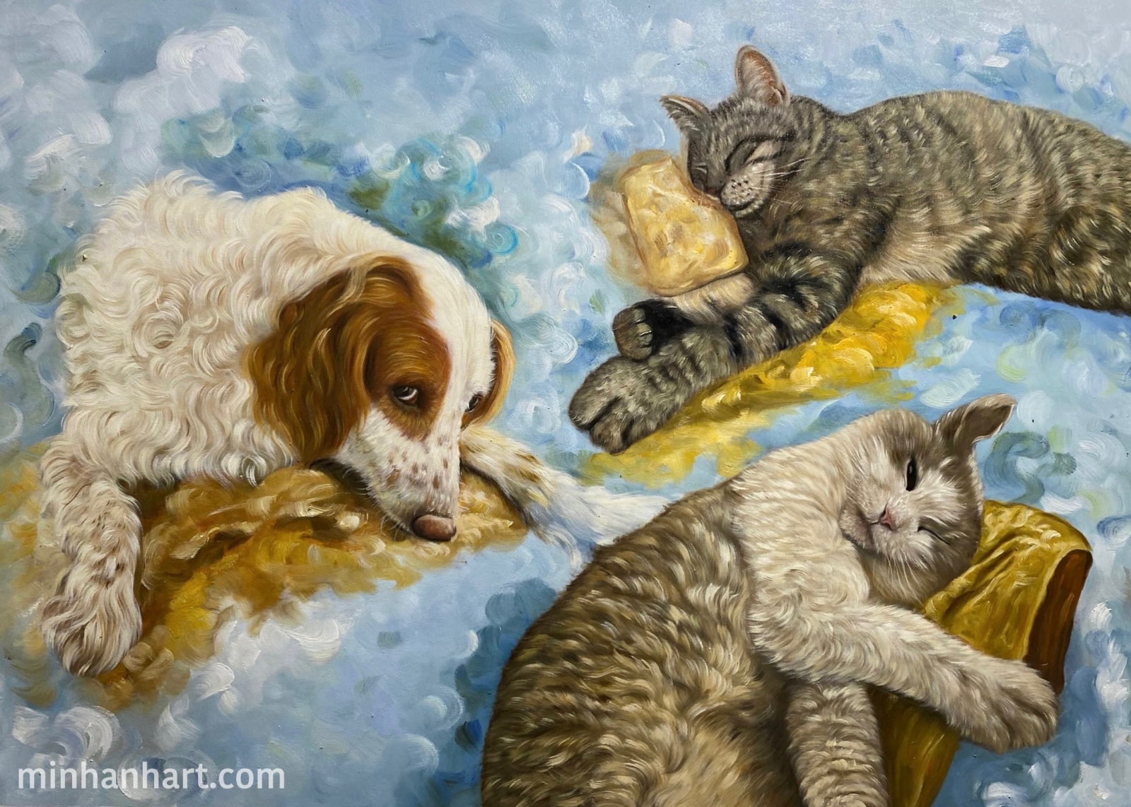 Peaceful Companions – A Dreamlike Portrait of Cats and Dog Together