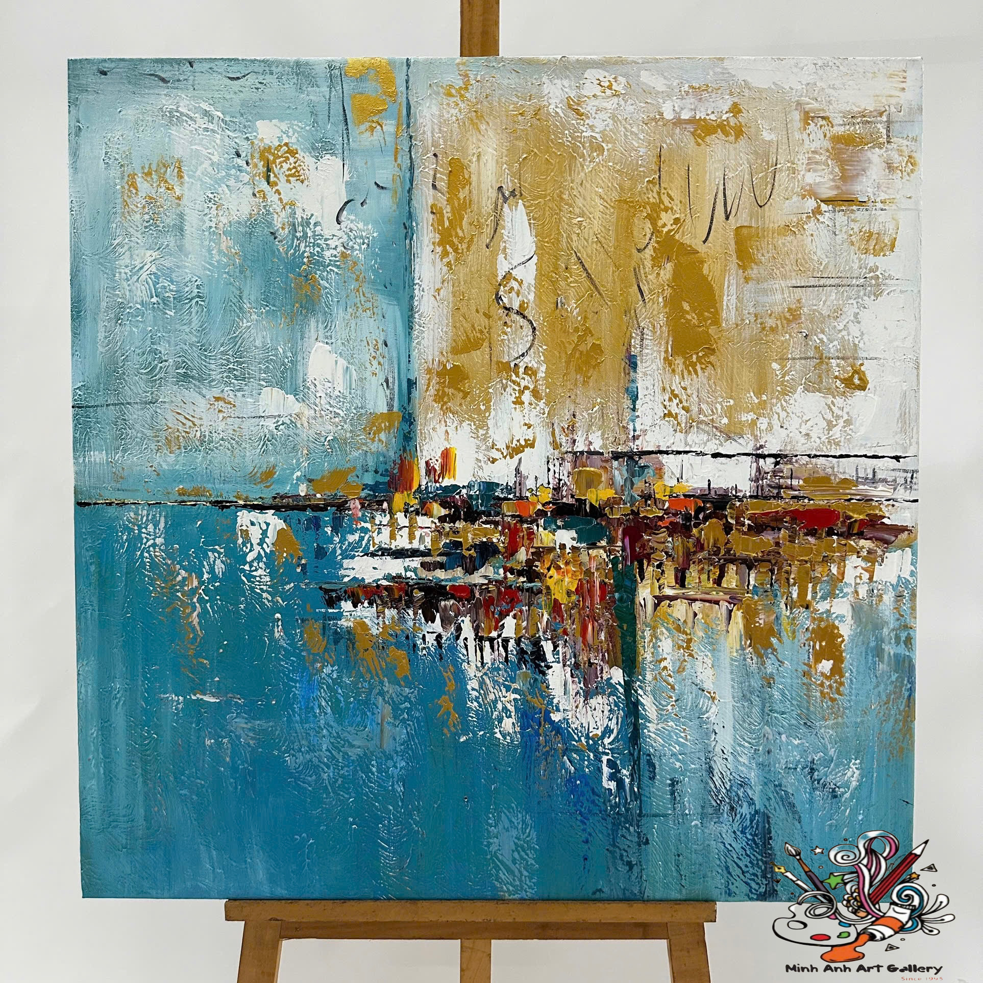 Textured Blue and Gold Abstract Wall Art