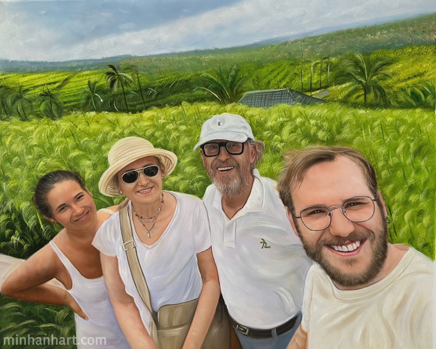 Tropical Family Selfie Portrait – A Joyful Getaway Captured in Oil