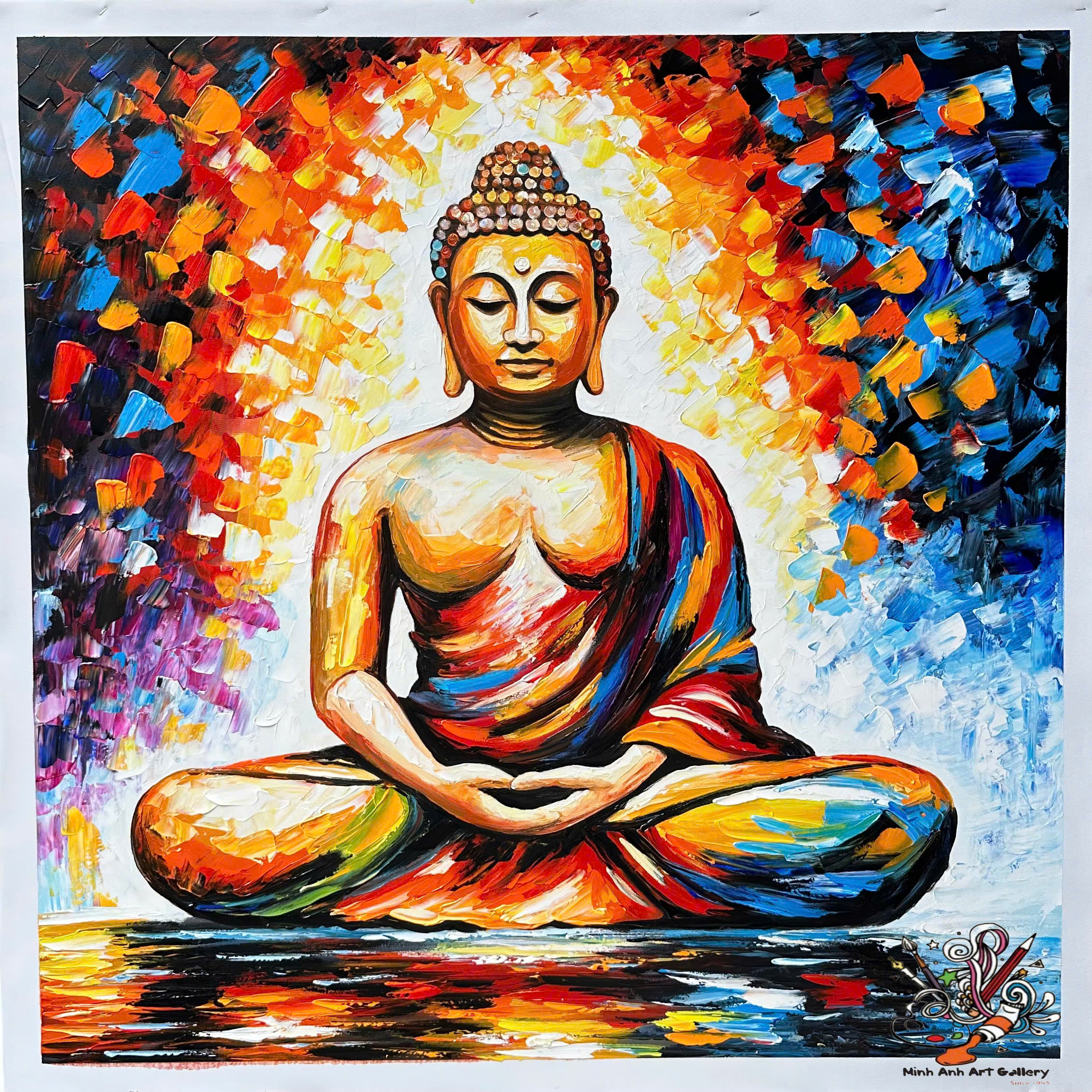 Vibrant Abstract Buddha Painting with Golden Aura