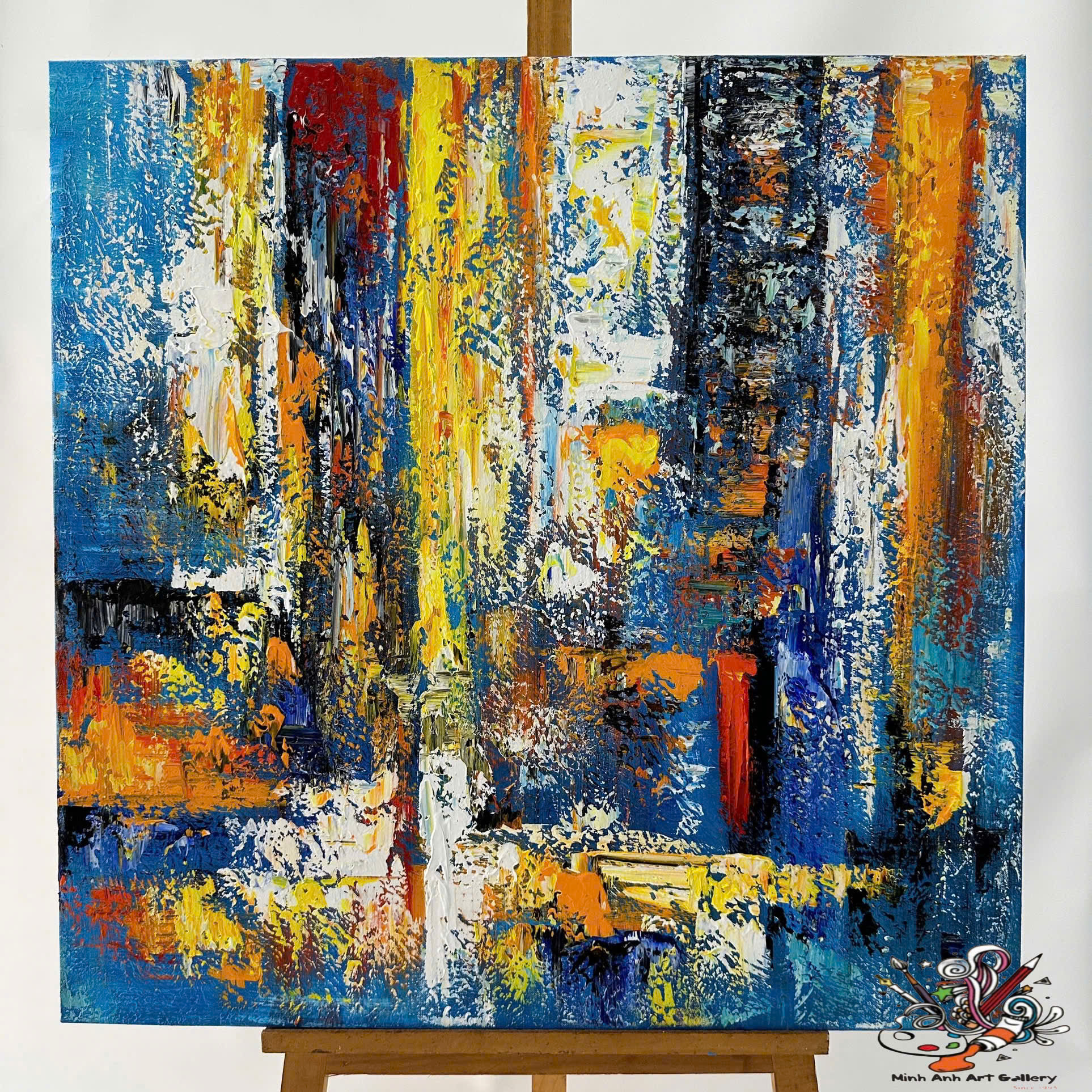 Vibrant Blue and Yellow Vertical Abstract Painting