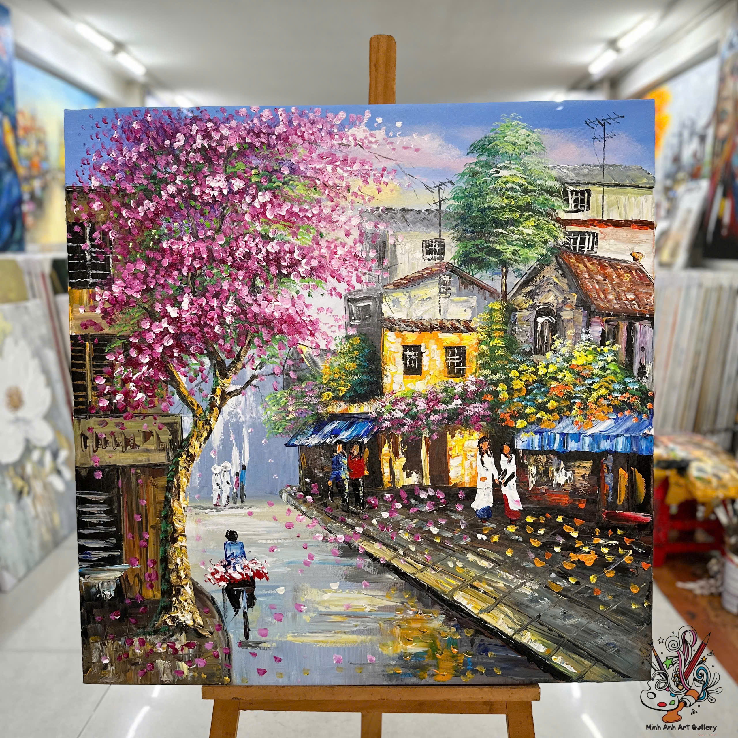 Vietnam Village Painting with Purple Blossoms