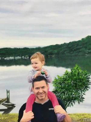 Father & Child Portrait by the Lake – A Gentle Memory Framed in Oil