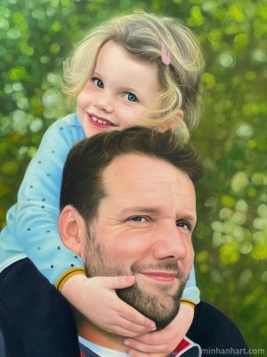 Father and Daughter Portrait – A Joyful Bond in Every Brushstroke
