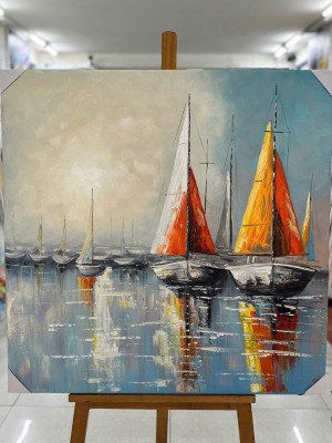Modern Abstract Sailboat Painting with Orange Sails