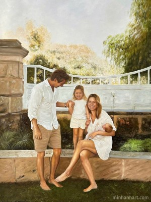 Modern Family Portrait – A Serene Outdoor Memory, Hand-Painted in Oil