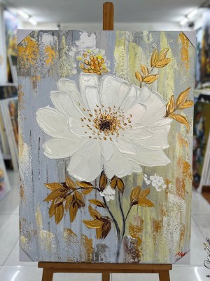 Modern White Flower Abstract with Golden Leaves