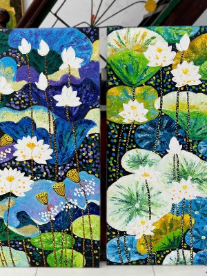 Modern White Lotus Flower Painting on Vibrant Blue Background