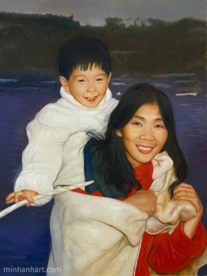 Mother & Son Winter Portrait – A Warm Moment in the Cold Preserved in Oil