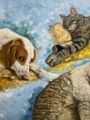 Peaceful Companions – A Dreamlike Portrait of Cats and Dog Together
