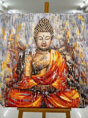 Radiant Buddha Painting in Vibrant Orange and Gold