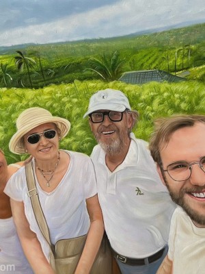 Tropical Family Selfie Portrait – A Joyful Getaway Captured in Oil