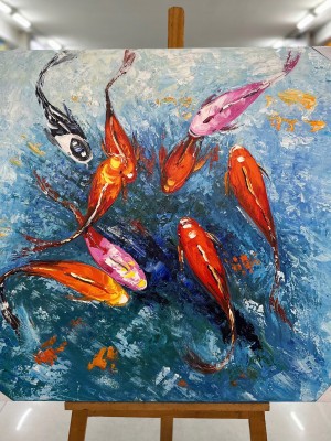 Vibrant Koi Fish Painting with 9 Lucky Fishes