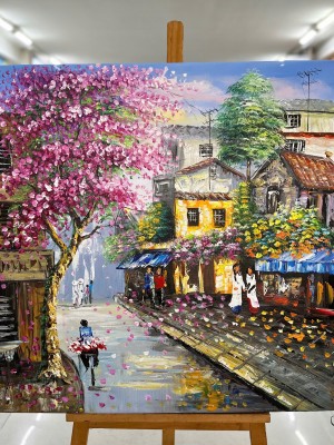 Vietnam Village Painting with Purple Blossoms